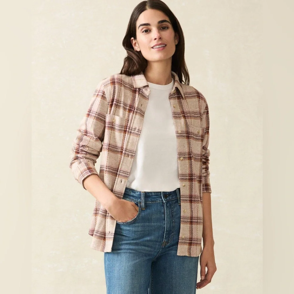 Faherty Women's Legend Sweater Shirt Plaid Cranberry Haze NWT - Picture 1 of 15